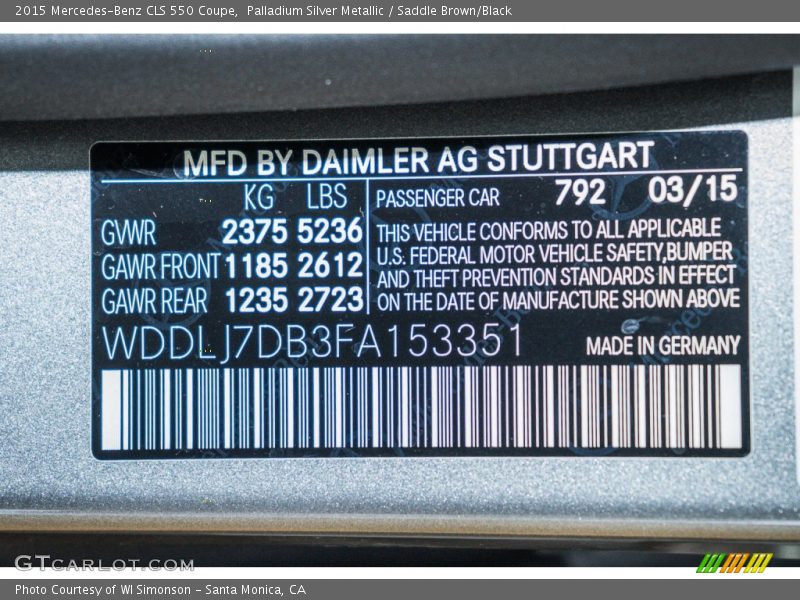 2015 CLS 550 Coupe Palladium Silver Metallic Color Code 792