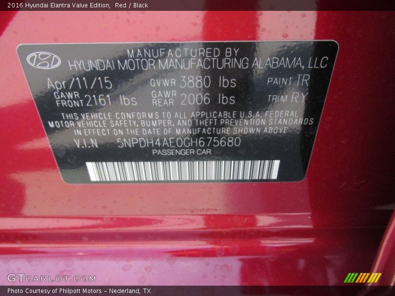 Red / Black 2016 Hyundai Elantra Value Edition