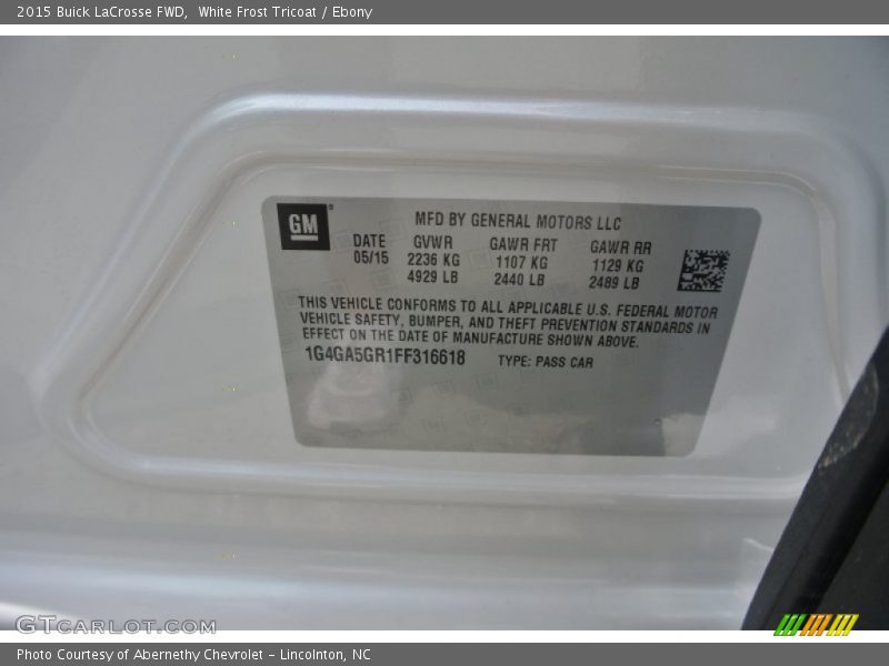 White Frost Tricoat / Ebony 2015 Buick LaCrosse FWD