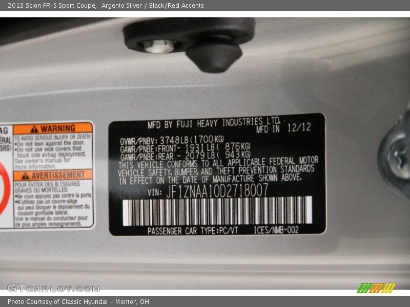 Argento Silver / Black/Red Accents 2013 Scion FR-S Sport Coupe