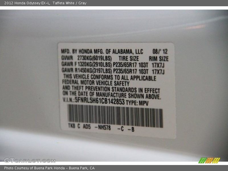 Taffeta White / Gray 2012 Honda Odyssey EX-L