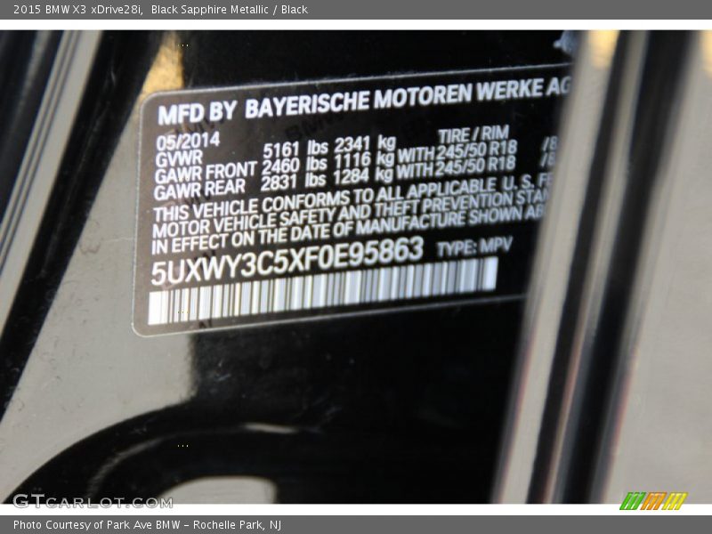 Black Sapphire Metallic / Black 2015 BMW X3 xDrive28i