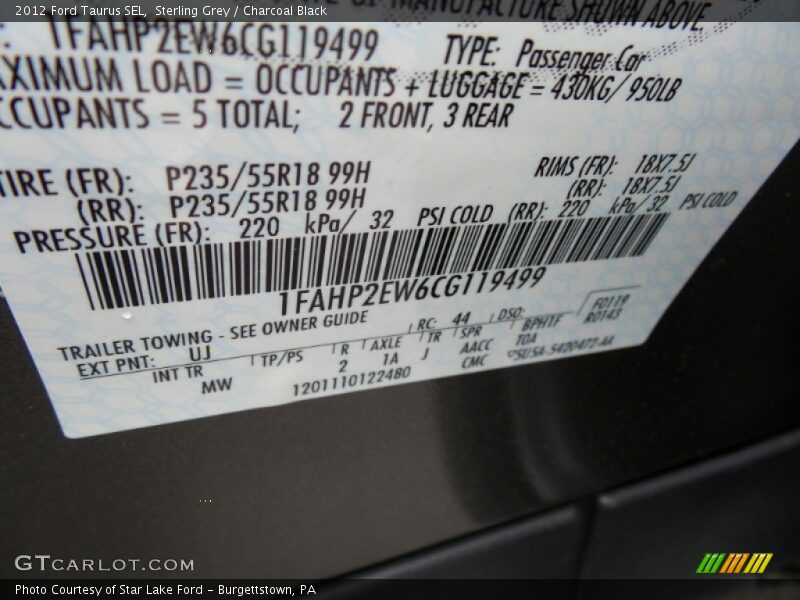 Sterling Grey / Charcoal Black 2012 Ford Taurus SEL