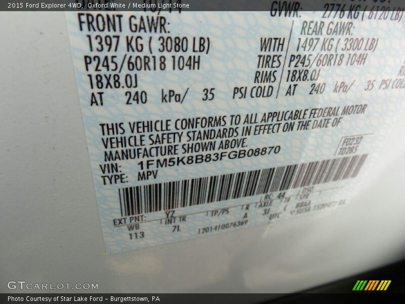 Oxford White / Medium Light Stone 2015 Ford Explorer 4WD