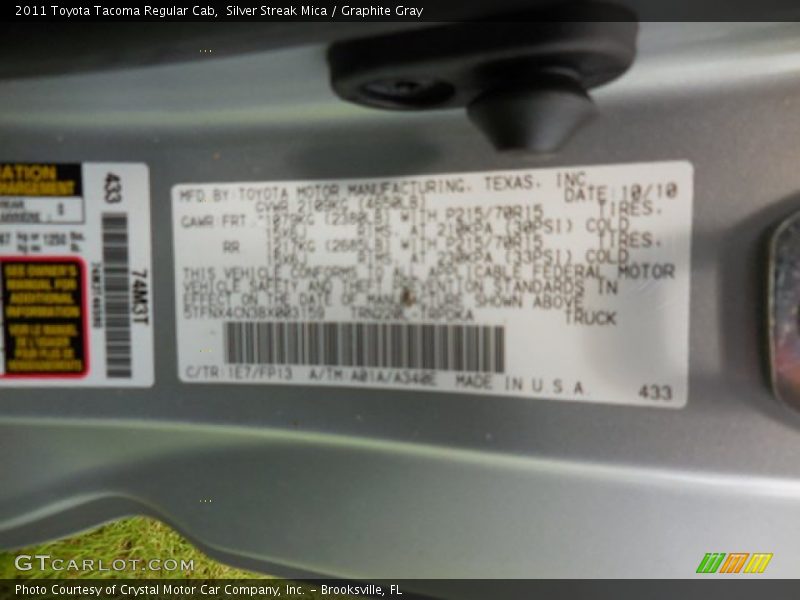 Silver Streak Mica / Graphite Gray 2011 Toyota Tacoma Regular Cab