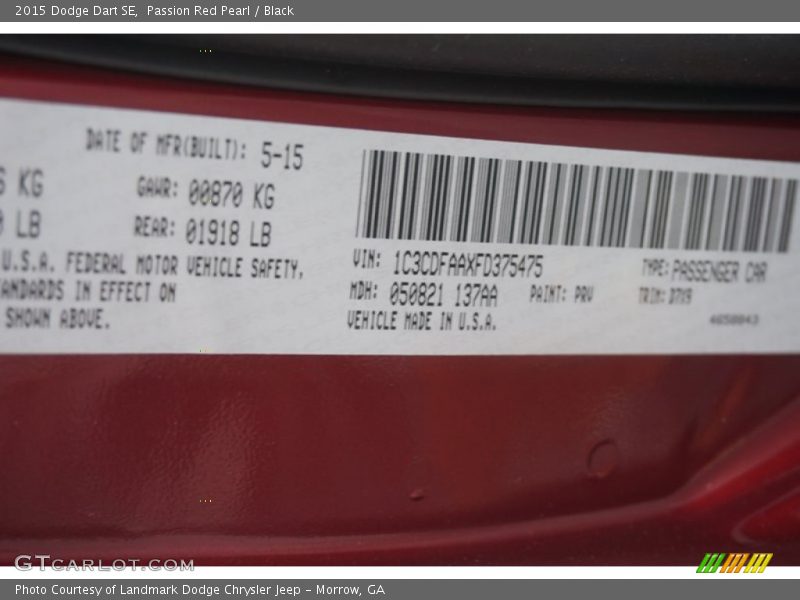 Passion Red Pearl / Black 2015 Dodge Dart SE