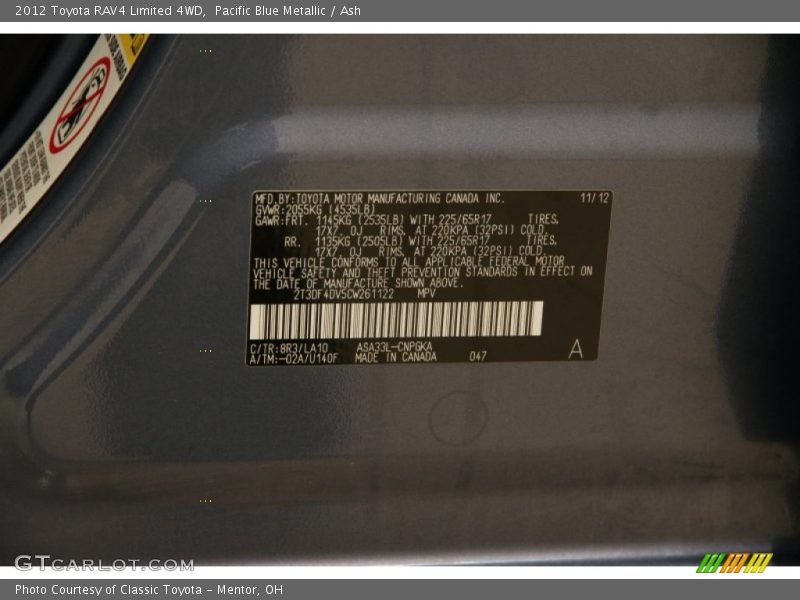 Pacific Blue Metallic / Ash 2012 Toyota RAV4 Limited 4WD