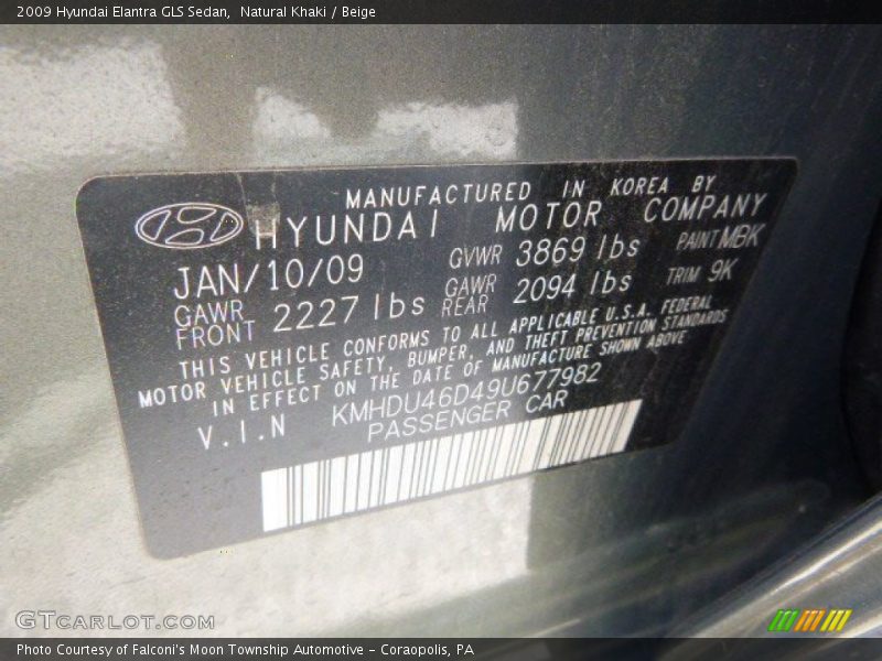 Natural Khaki / Beige 2009 Hyundai Elantra GLS Sedan