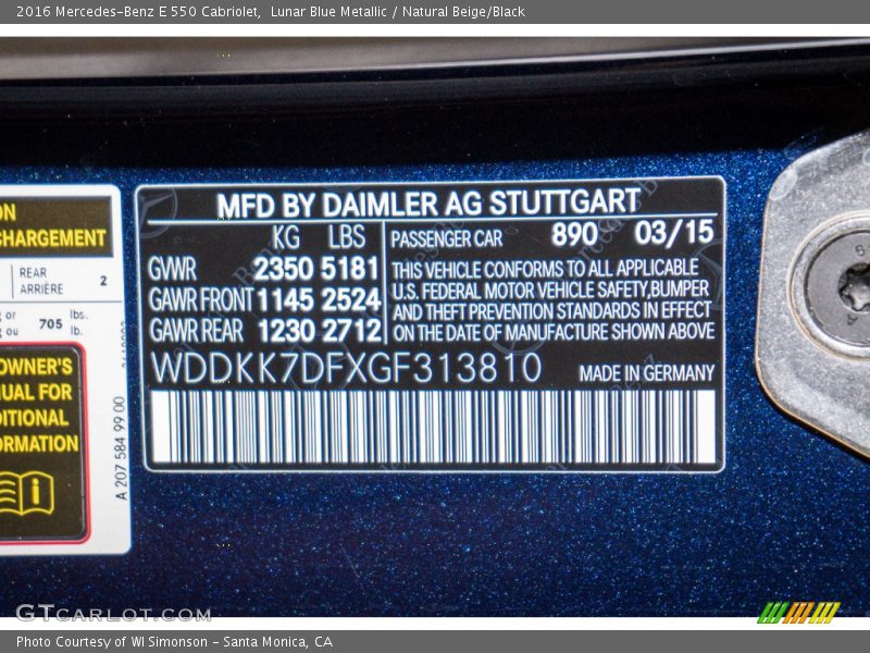 2016 E 550 Cabriolet Lunar Blue Metallic Color Code 890