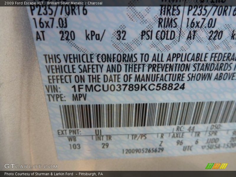 Brilliant Silver Metallic / Charcoal 2009 Ford Escape XLT