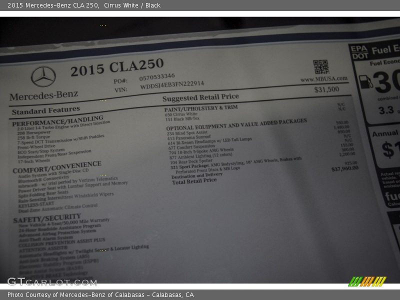 Cirrus White / Black 2015 Mercedes-Benz CLA 250