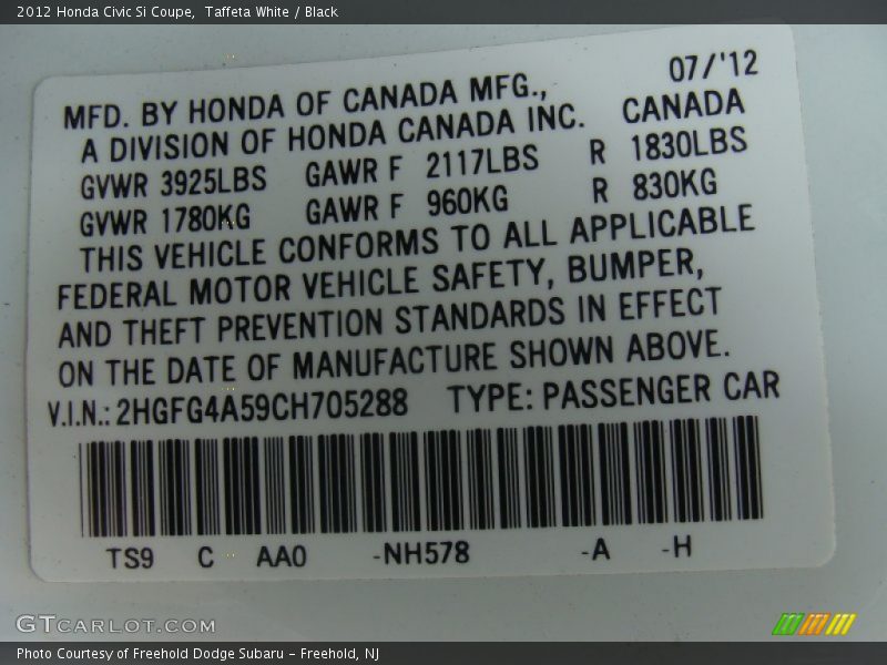 Taffeta White / Black 2012 Honda Civic Si Coupe