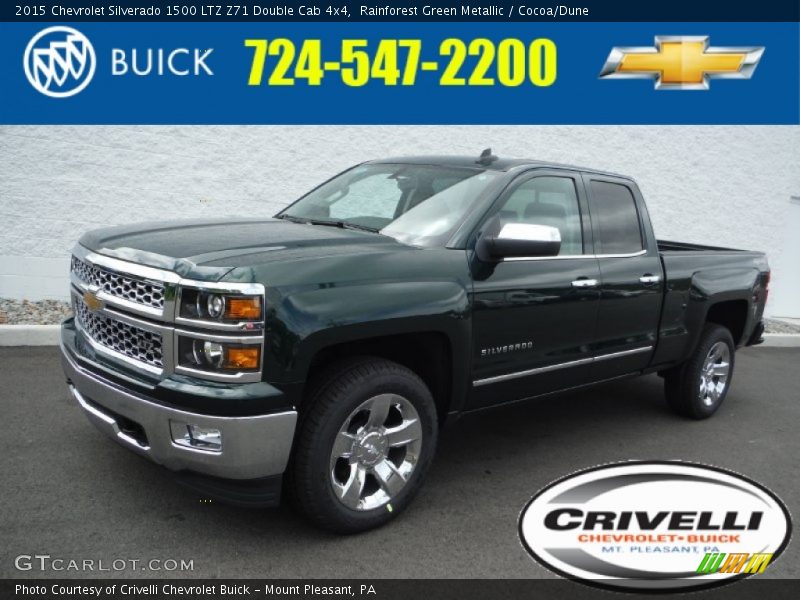 Rainforest Green Metallic / Cocoa/Dune 2015 Chevrolet Silverado 1500 LTZ Z71 Double Cab 4x4
