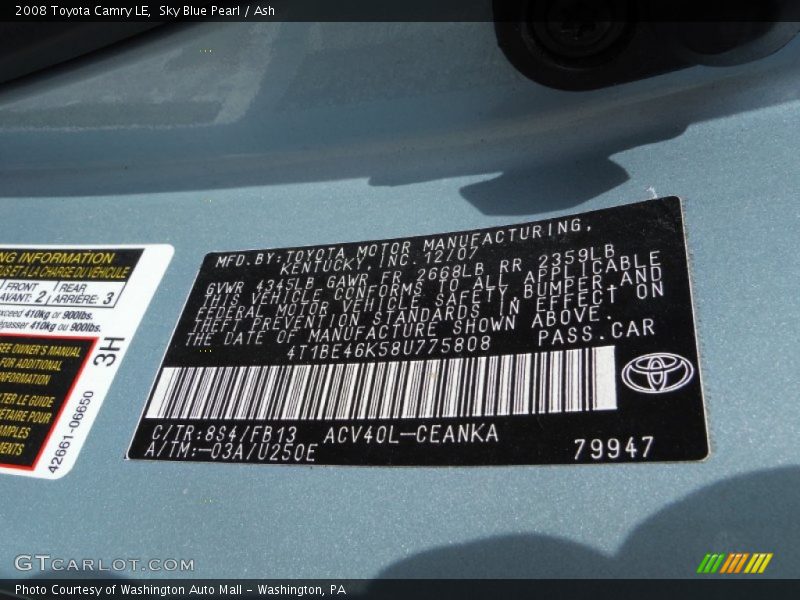 Sky Blue Pearl / Ash 2008 Toyota Camry LE