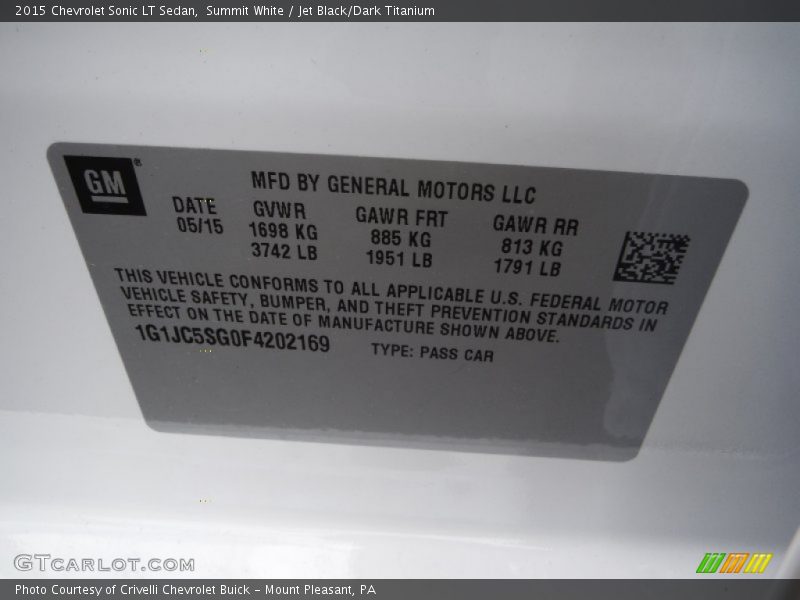 Summit White / Jet Black/Dark Titanium 2015 Chevrolet Sonic LT Sedan