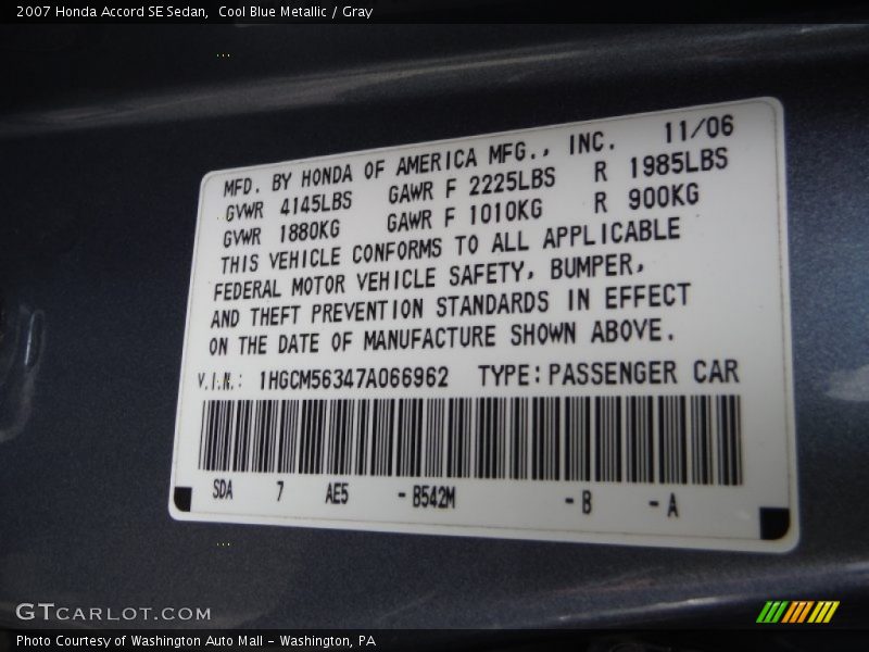 Cool Blue Metallic / Gray 2007 Honda Accord SE Sedan