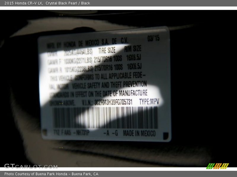 Crystal Black Pearl / Black 2015 Honda CR-V LX