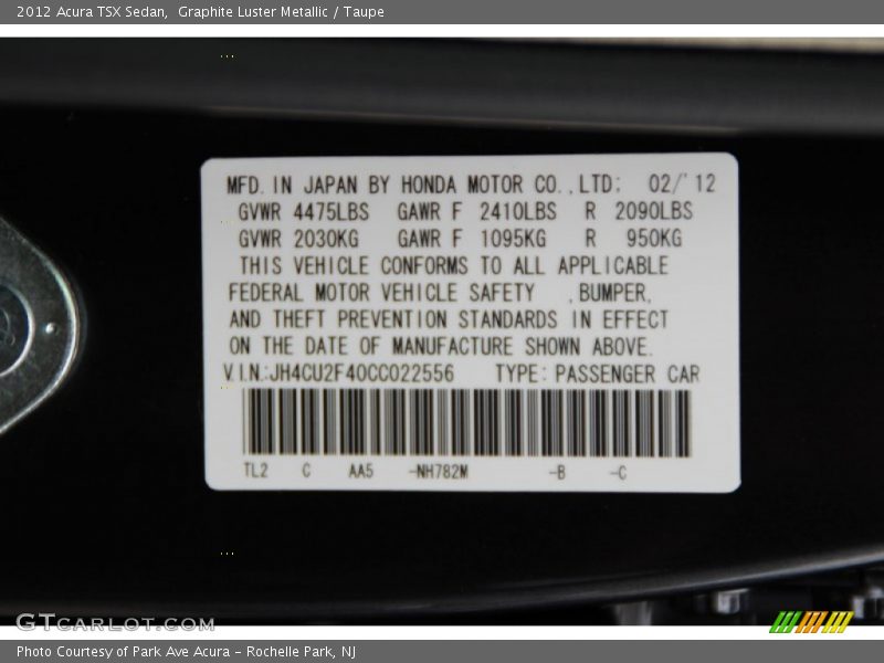 Graphite Luster Metallic / Taupe 2012 Acura TSX Sedan