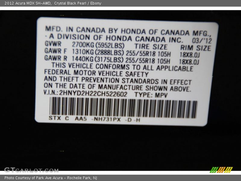 Crystal Black Pearl / Ebony 2012 Acura MDX SH-AWD