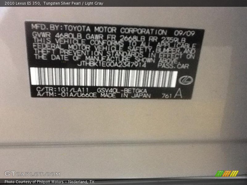 Tungsten Silver Pearl / Light Gray 2010 Lexus ES 350