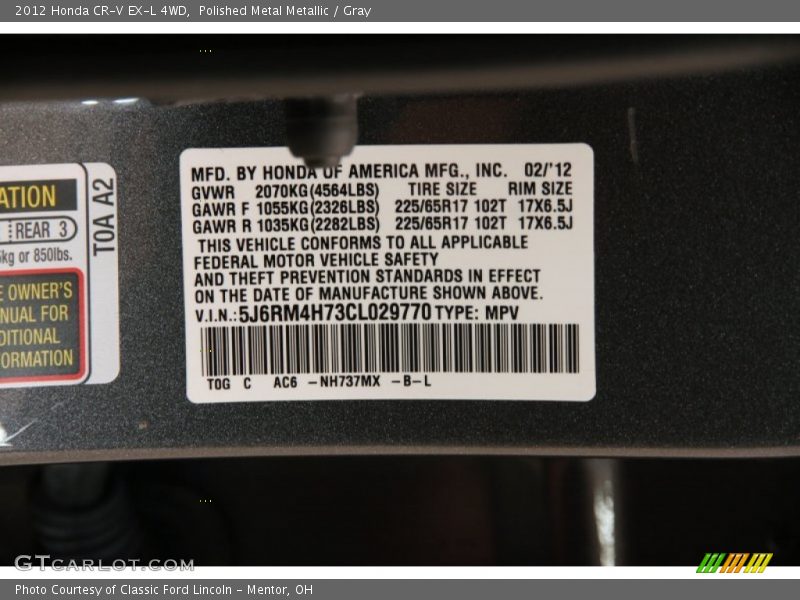 Polished Metal Metallic / Gray 2012 Honda CR-V EX-L 4WD