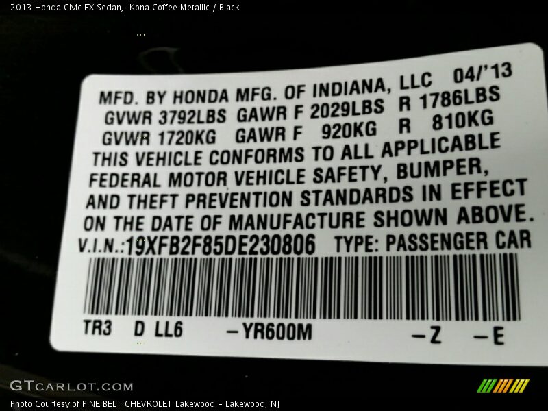 Kona Coffee Metallic / Black 2013 Honda Civic EX Sedan