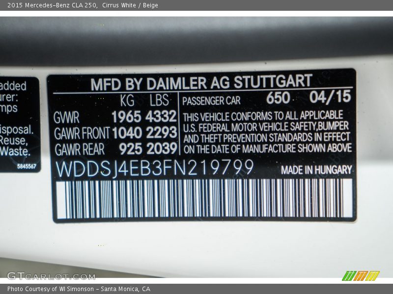 Cirrus White / Beige 2015 Mercedes-Benz CLA 250