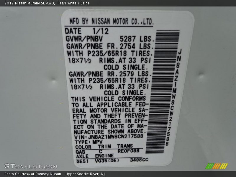 Pearl White / Beige 2012 Nissan Murano SL AWD