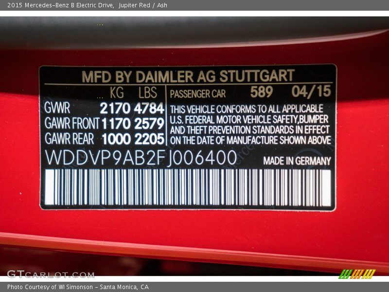 2015 B Electric Drive Jupiter Red Color Code 589