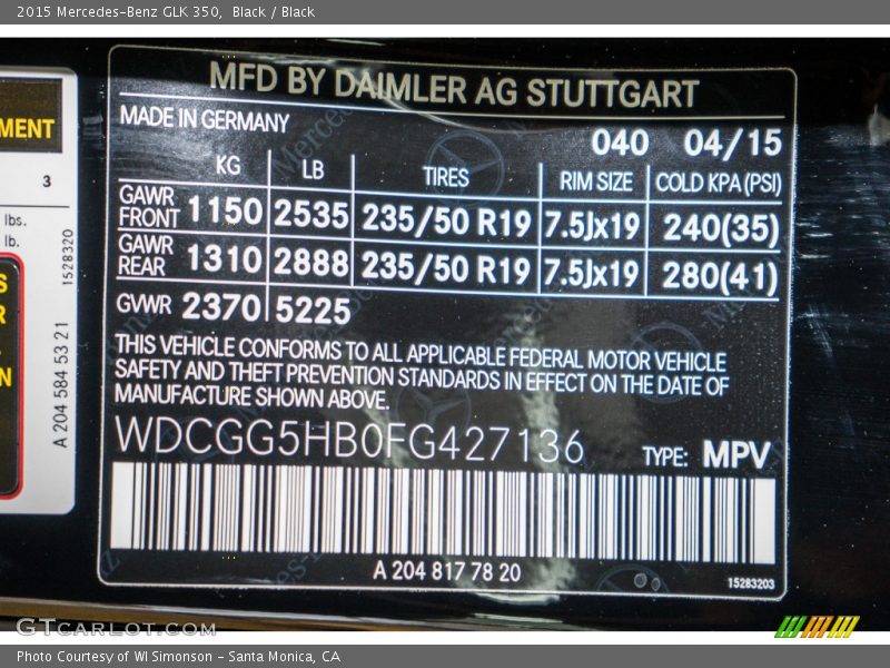 Black / Black 2015 Mercedes-Benz GLK 350