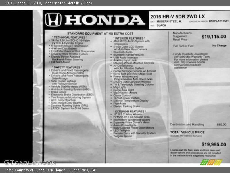  2016 HR-V LX Window Sticker