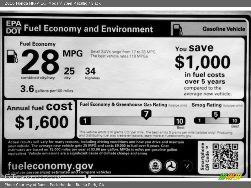 Modern Steel Metallic / Black 2016 Honda HR-V LX
