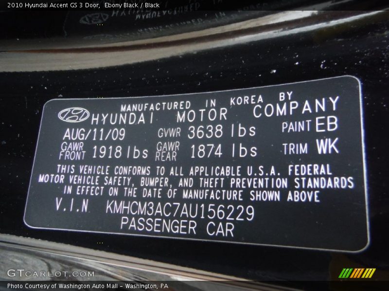 Ebony Black / Black 2010 Hyundai Accent GS 3 Door