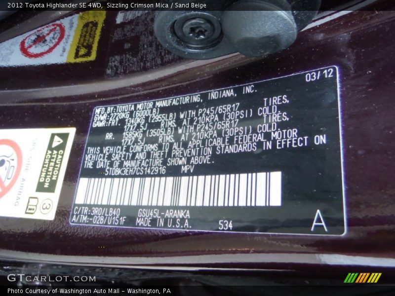 Sizzling Crimson Mica / Sand Beige 2012 Toyota Highlander SE 4WD