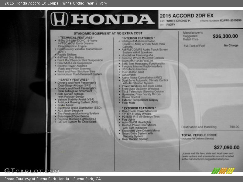 White Orchid Pearl / Ivory 2015 Honda Accord EX Coupe