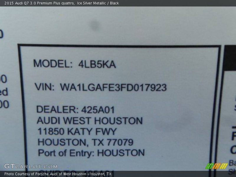 Ice Silver Metallic / Black 2015 Audi Q7 3.0 Premium Plus quattro
