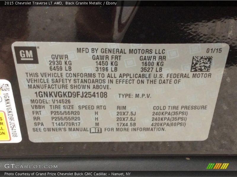 Black Granite Metallic / Ebony 2015 Chevrolet Traverse LT AWD