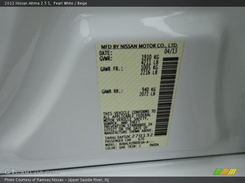 Pearl White / Beige 2013 Nissan Altima 2.5 S