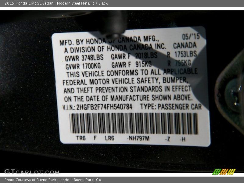 Modern Steel Metallic / Black 2015 Honda Civic SE Sedan