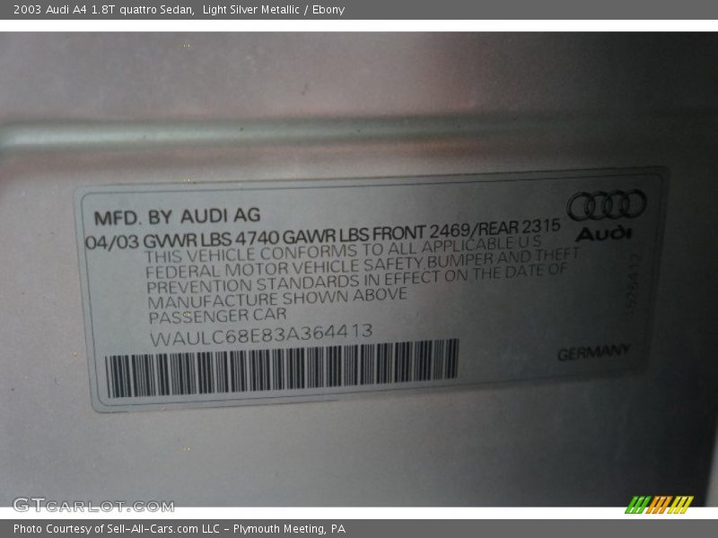 Light Silver Metallic / Ebony 2003 Audi A4 1.8T quattro Sedan