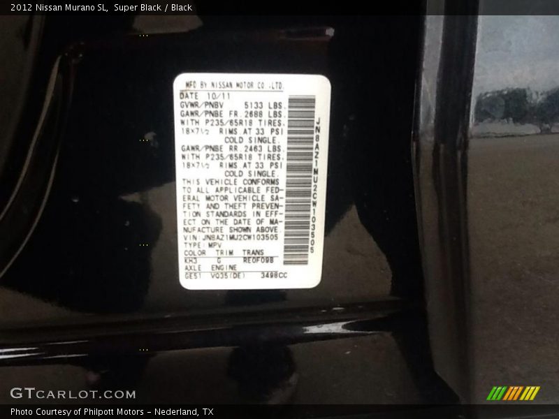 Super Black / Black 2012 Nissan Murano SL