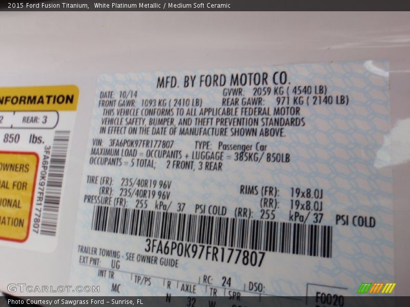 White Platinum Metallic / Medium Soft Ceramic 2015 Ford Fusion Titanium