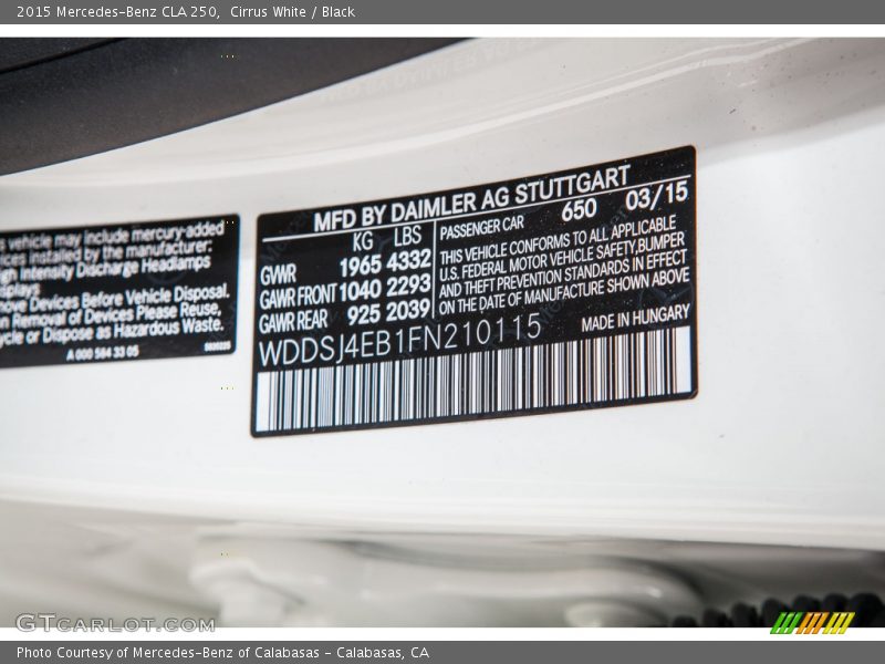 Cirrus White / Black 2015 Mercedes-Benz CLA 250
