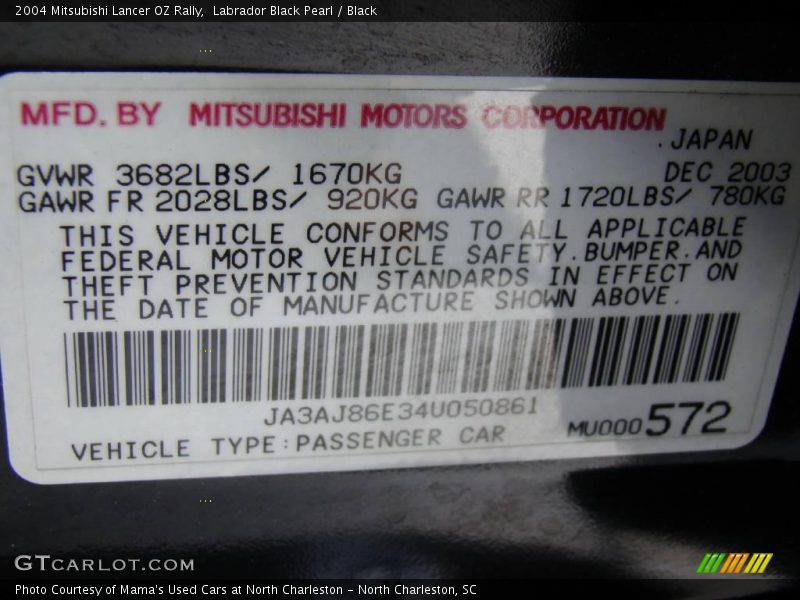 Labrador Black Pearl / Black 2004 Mitsubishi Lancer OZ Rally