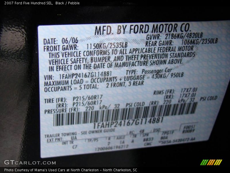 Black / Pebble 2007 Ford Five Hundred SEL