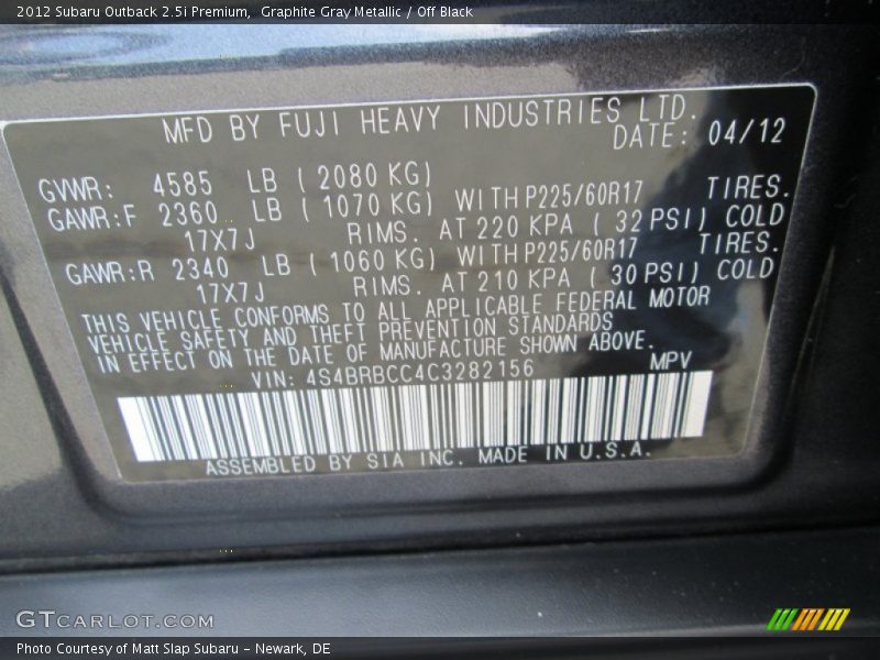 Graphite Gray Metallic / Off Black 2012 Subaru Outback 2.5i Premium