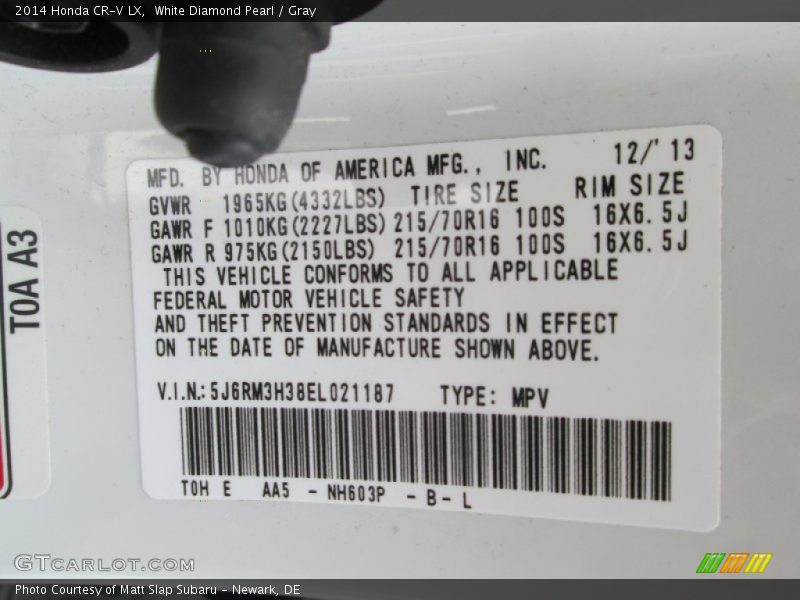 White Diamond Pearl / Gray 2014 Honda CR-V LX