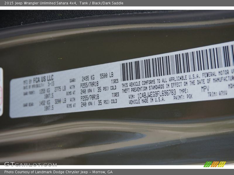 Tank / Black/Dark Saddle 2015 Jeep Wrangler Unlimited Sahara 4x4