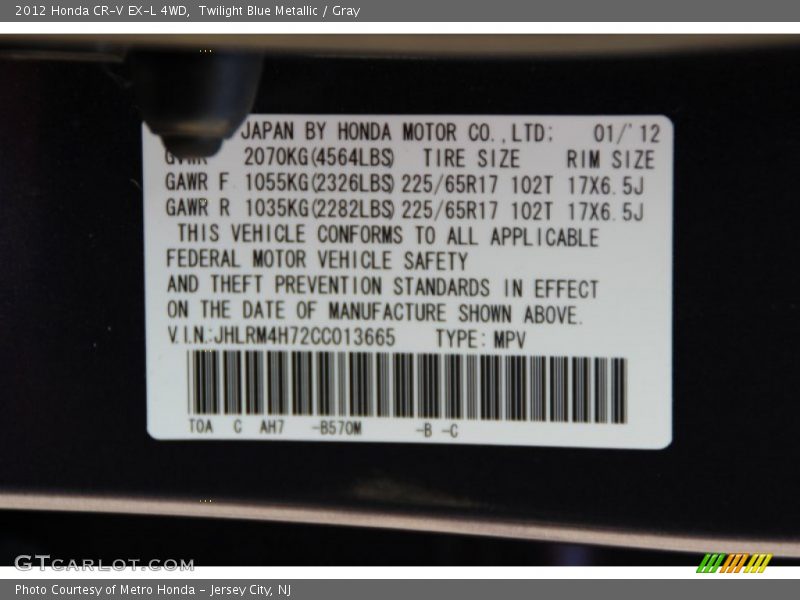 Twilight Blue Metallic / Gray 2012 Honda CR-V EX-L 4WD