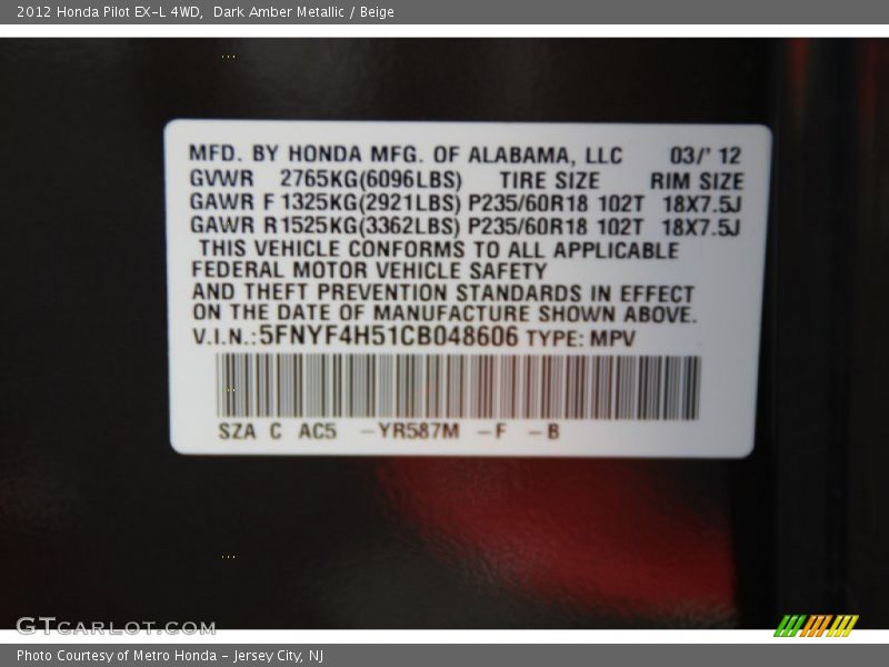 Dark Amber Metallic / Beige 2012 Honda Pilot EX-L 4WD